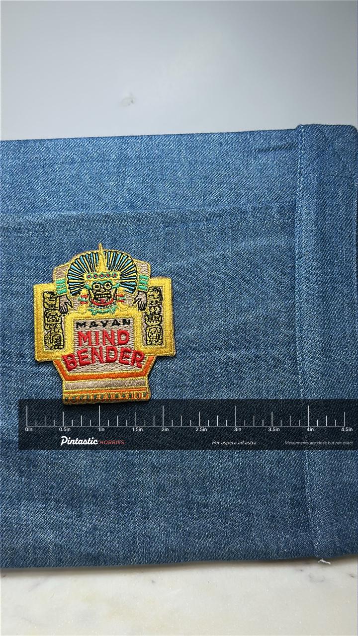 Mayan Mind Bender Collectable Patch: Bright Multicolor - Retro Theme Accessory with ruler overlay for size reference