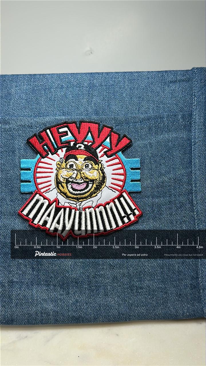 HEYYY MAAYUMMM Collectable Patch: Bold Cartoon Style - Retro Humor Accessory with ruler overlay for size reference