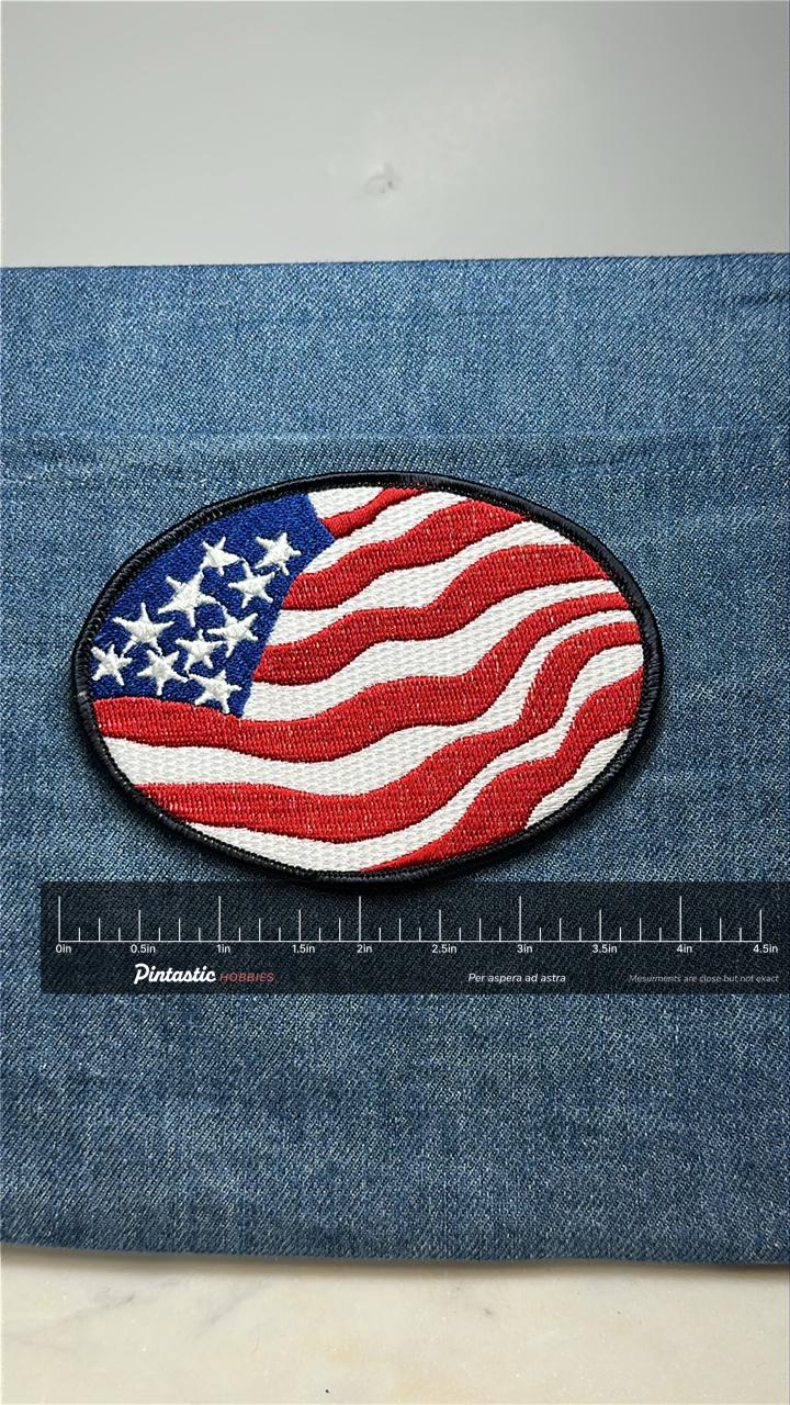 American Flag Collectable Patch: Oval Red White Blue - Patriotic Accessory with ruler overlay for size reference