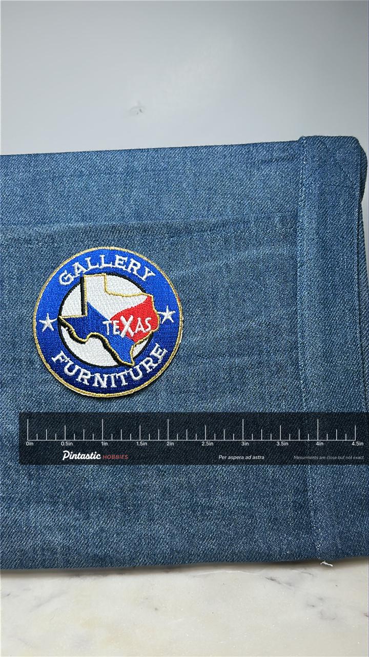 Gallery Furniture Collectable Patch: Bold Blue Red White - Texas Pride Accessory with ruler overlay for size reference
