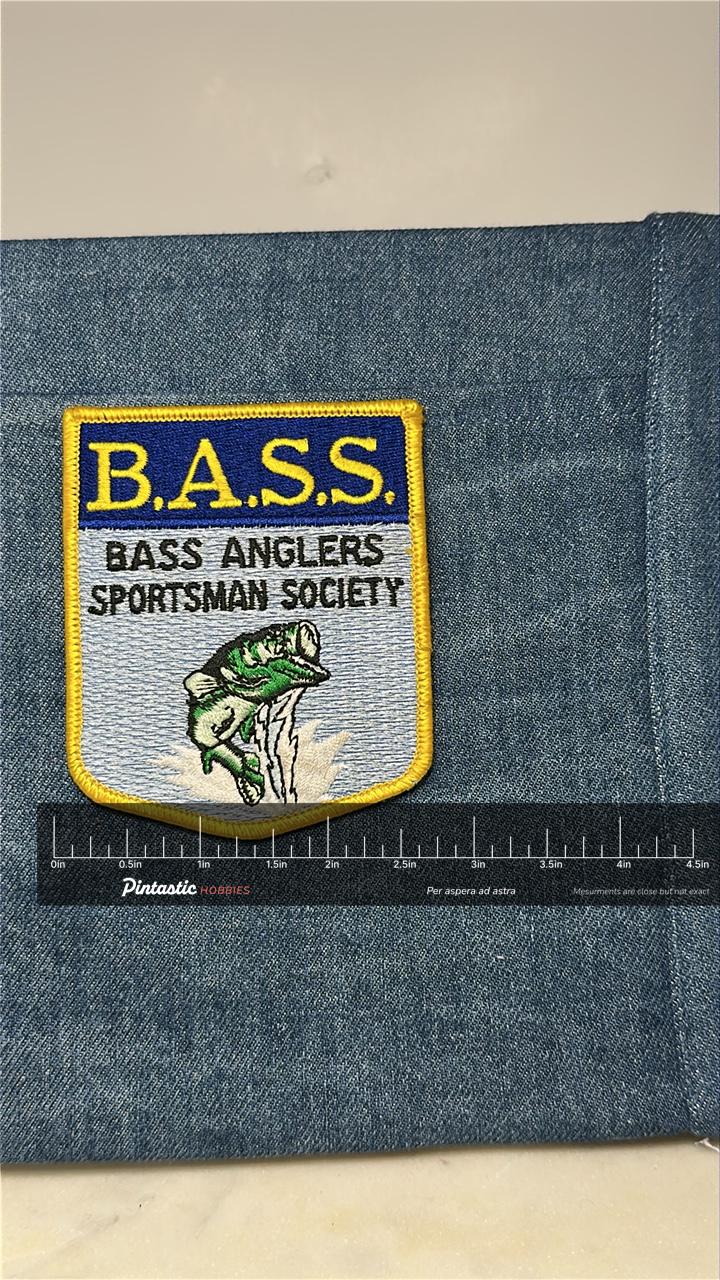 B.A.S.S. Collectable Patch: Blue/Yellow Shield - Vintage Outdoors Accessory with ruler overlay for size reference