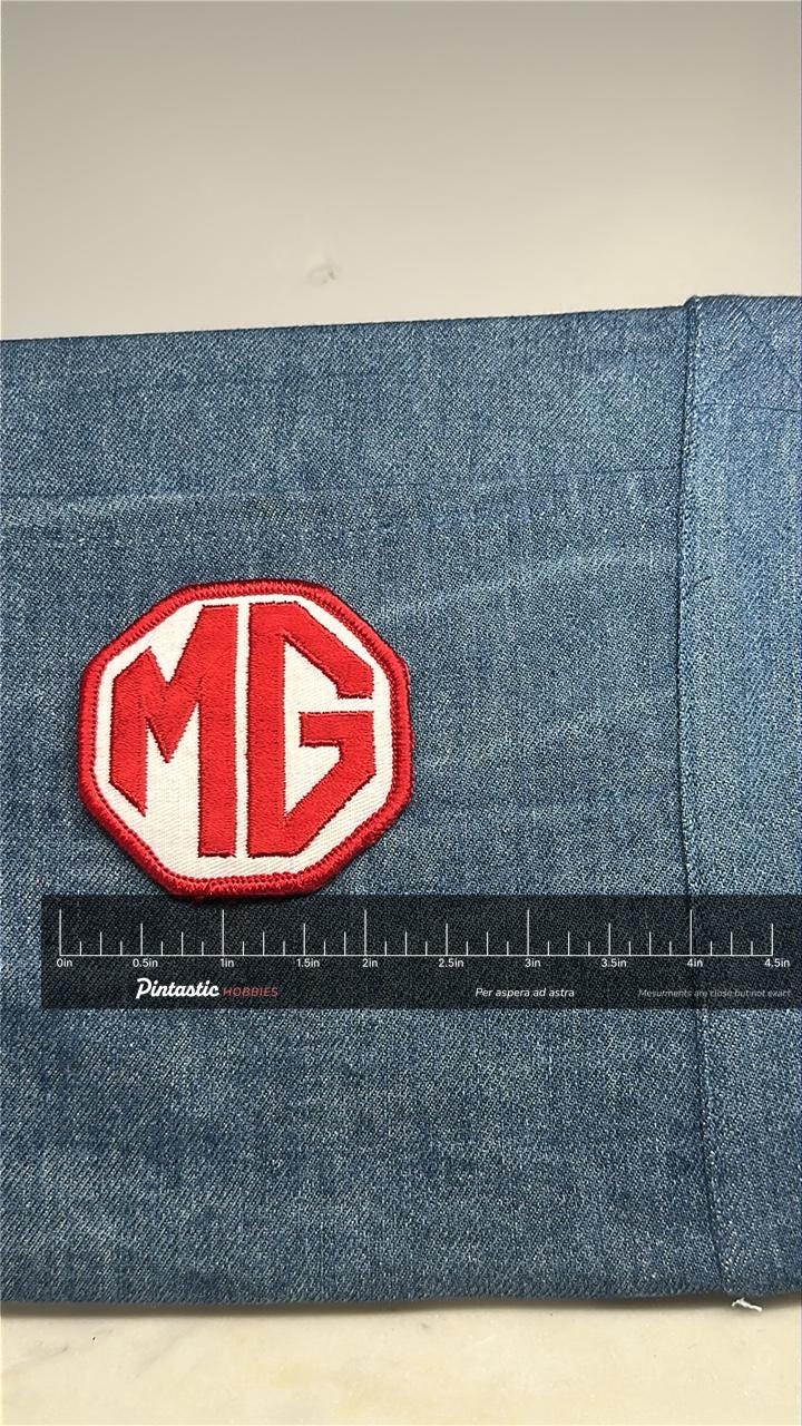 Vintage British Auto MG Logo Collectable Patch Red & White Octagon - Car Accessory with ruler overlay for size reference