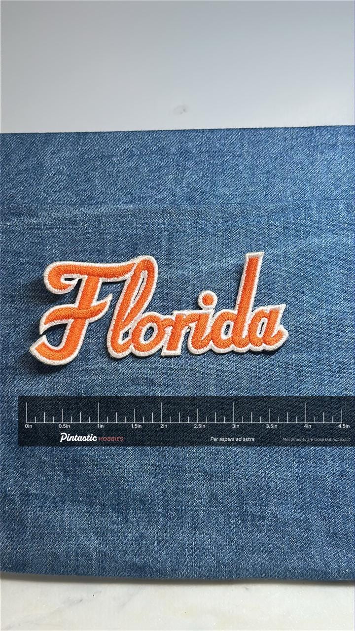 Univeristy of Florida Collectable Patch: Orange Script - Retro Travel Accessory with ruler overlay for size reference