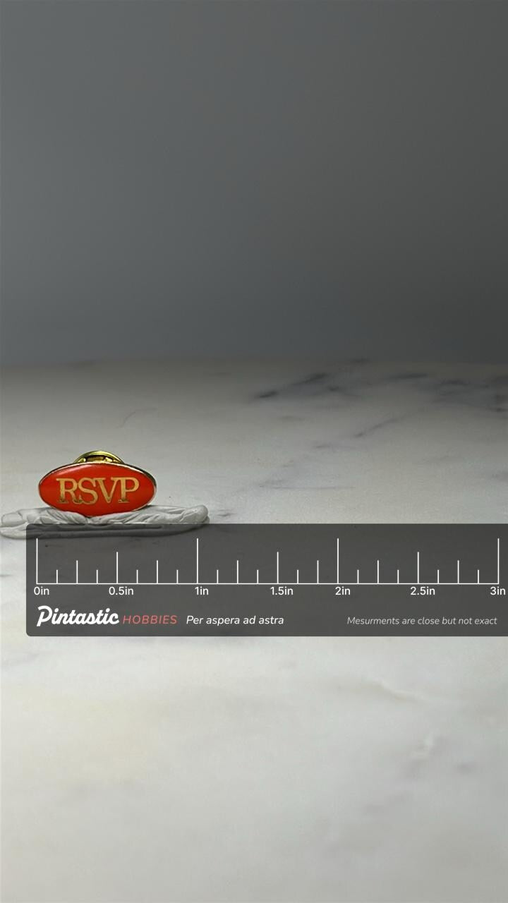 RSVP Enamel Lapel Pin: Red and Gold Finish - Event Accessory with ruler overlay for size reference