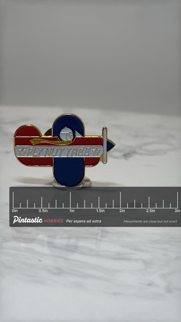 Fly Nut Tree Airplane Pin: Red White Blue Enamel - Aviation Theme Accessory with ruler overlay for size reference