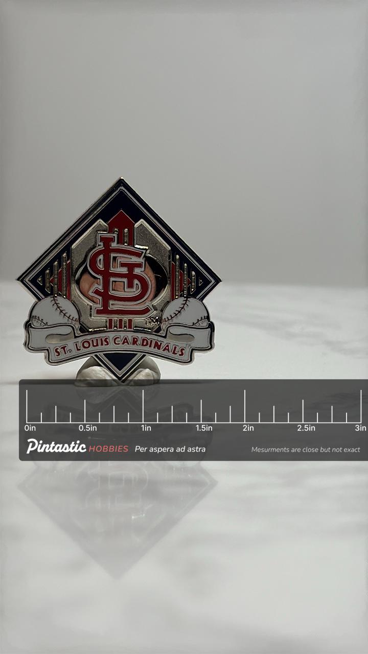 St. Louis Cardinals Baseball Pin: Red Enamel Metal - MLB Sports Accessory with ruler overlay for size reference