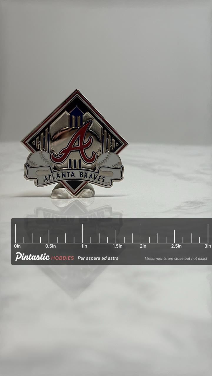 Atlanta Braves Baseball Pin: Red Enamel & Gold - MLB Vintage Accessory with ruler overlay for size reference