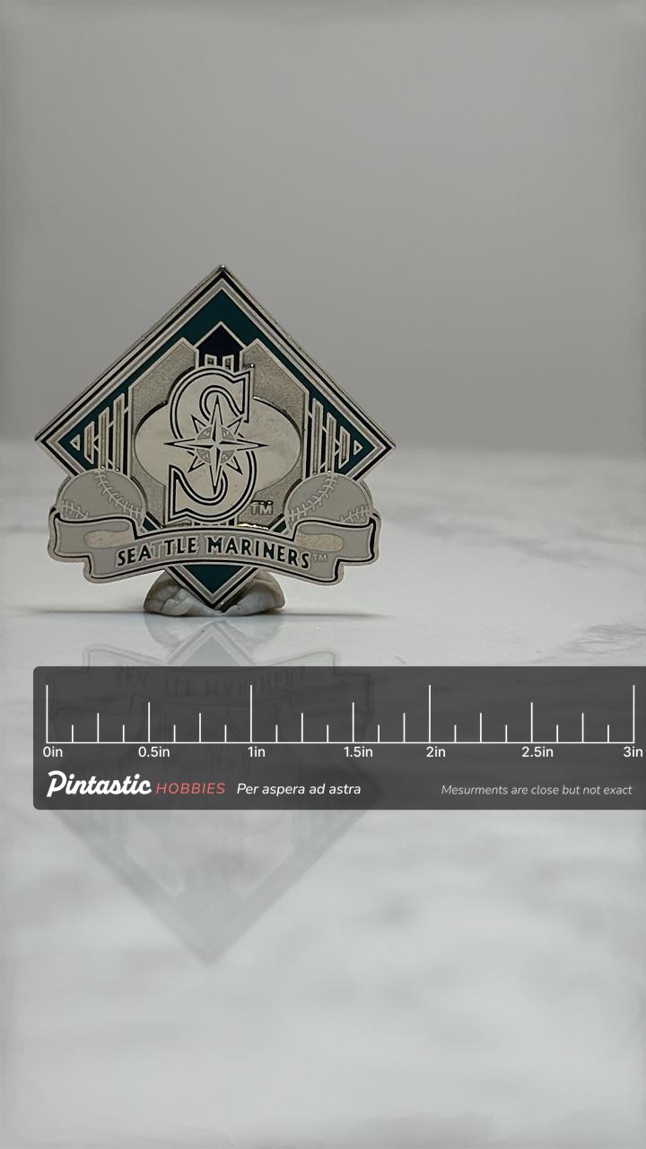 Seattle Mariners Baseball Pin: Silver & Teal Enamel - MLB Team Accessory with ruler overlay for size reference