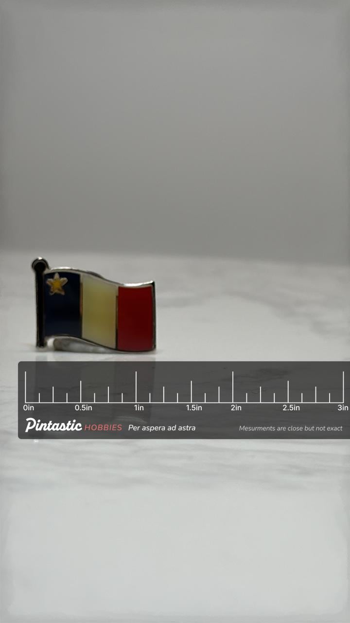 Acadian Flag Lapel Pin: Enamel Red Blue Yellow - Patriotic Accessory with ruler overlay for size reference