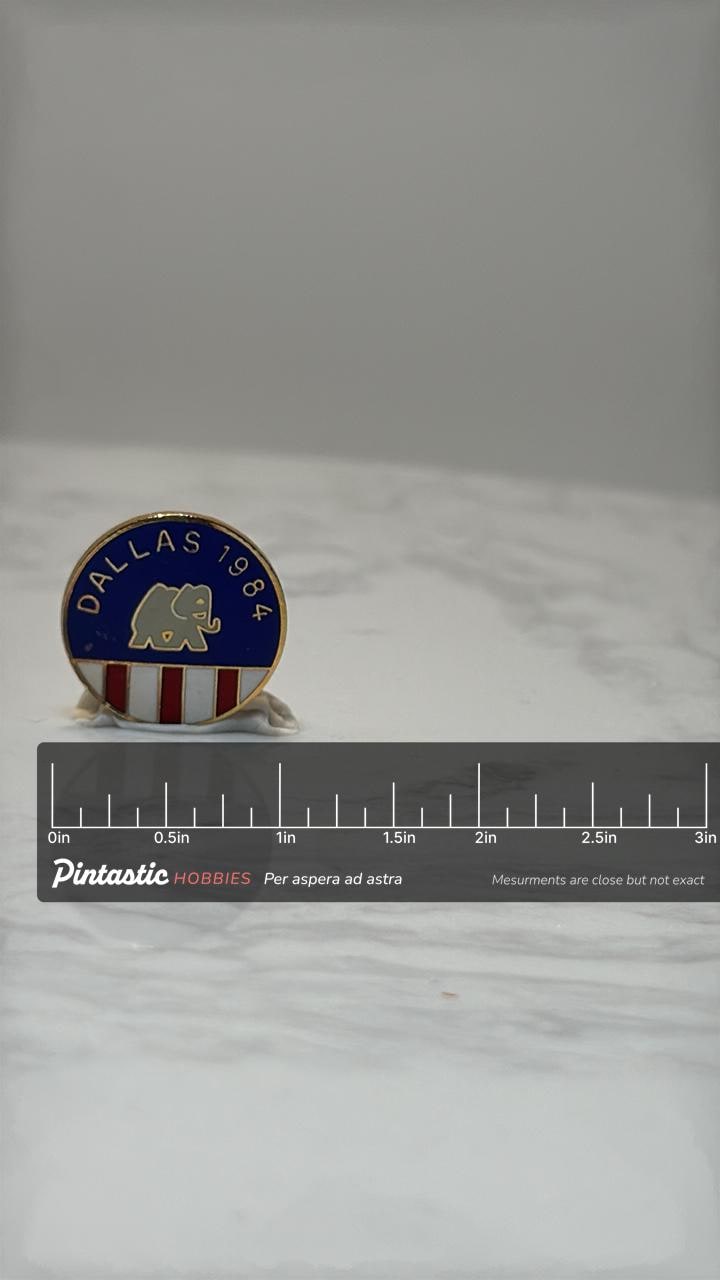Dallas 1984 Republican Elephant Pin: Red White Blue Enamel - Political Accessory with ruler overlay for size reference