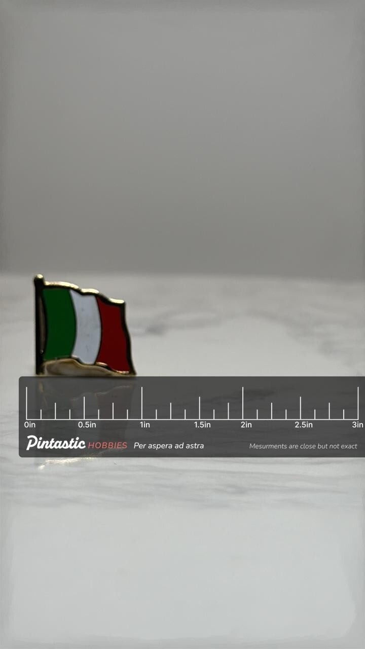 Italy Flag Lapel Pin: Gold Trim Enamel - Travel Souvenir Accessory with ruler overlay for size reference