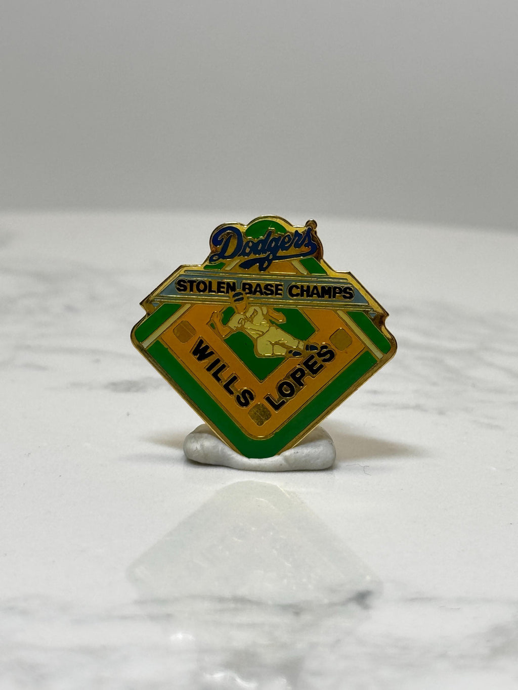 Dodgers Stolen Base Champs Pin: Green Gold Enamel - Vintage Sports Accessory