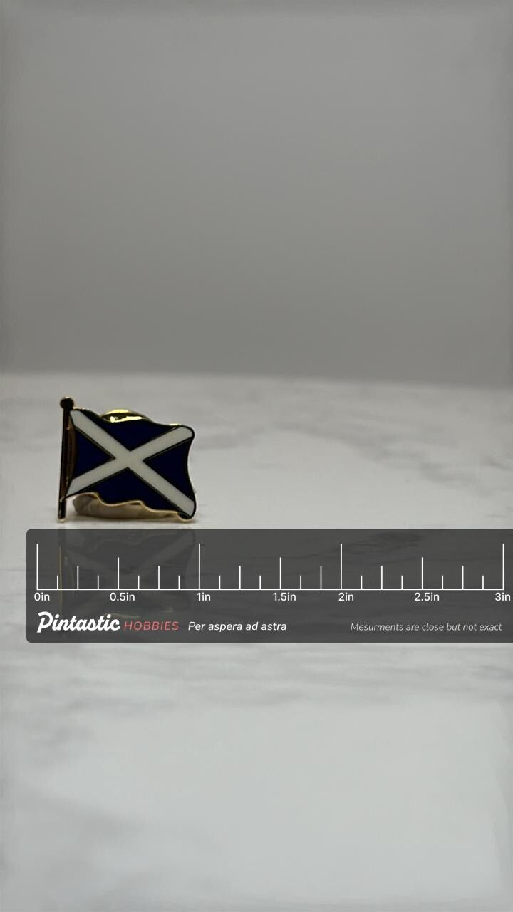 Scotland Flag Lapel Pin: Gold Trim Enamel - Patriotic Travel Accessory with ruler overlay for size reference