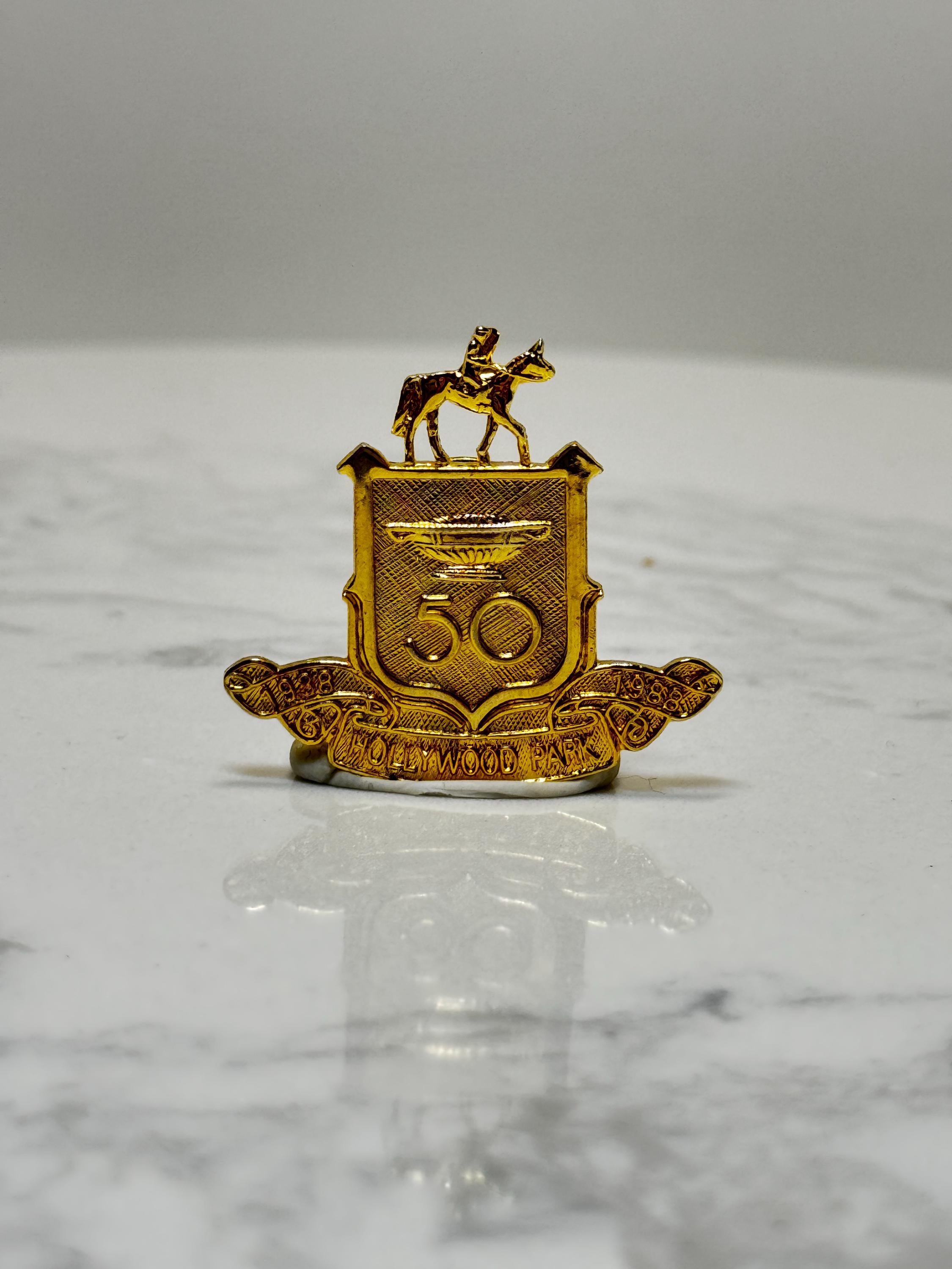 Hollywood Park Horse Racing Pin: Gold Tone Crest - 50th Anniversary Accessory