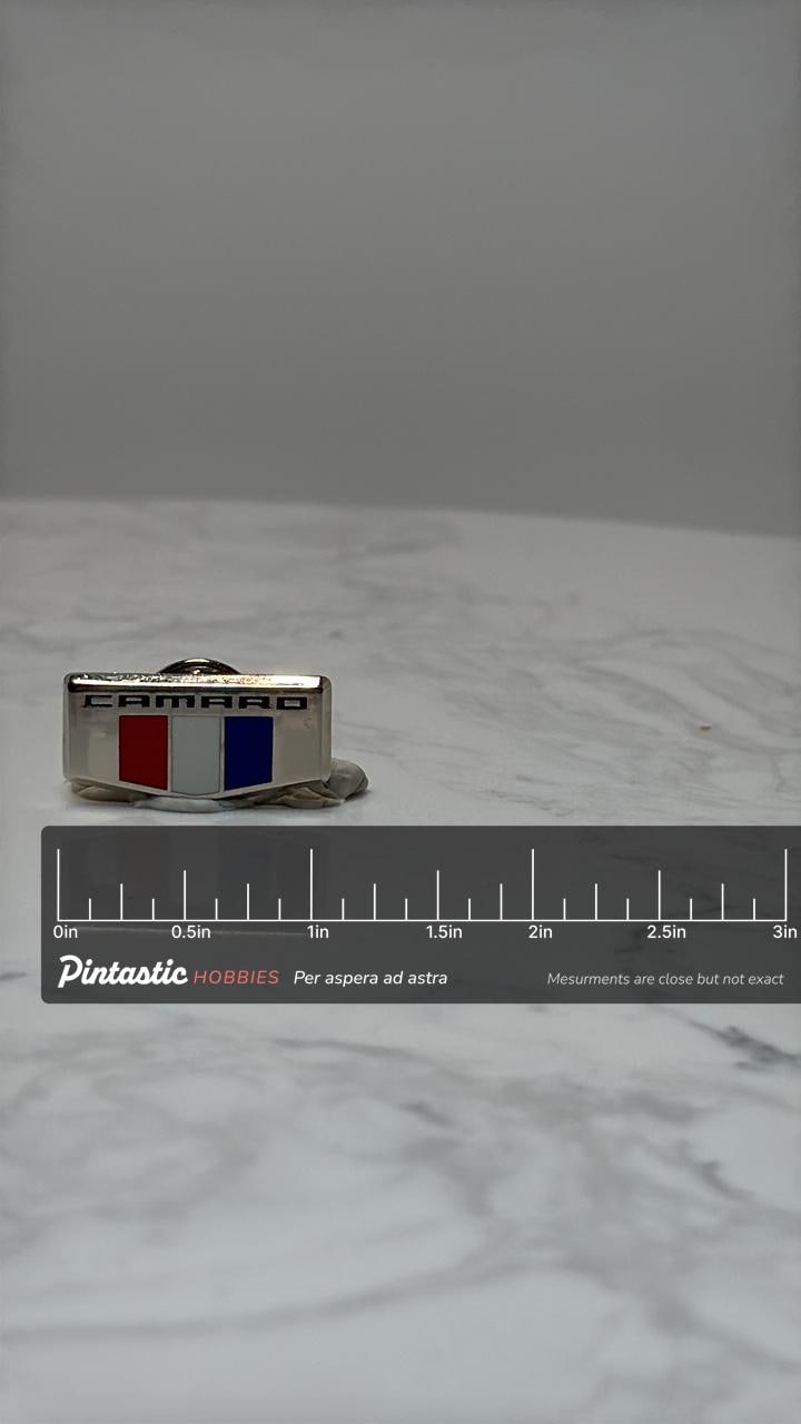 Camaro Enamel Pin: Red White Blue Shield - Vintage Car Accessory with ruler overlay for size reference