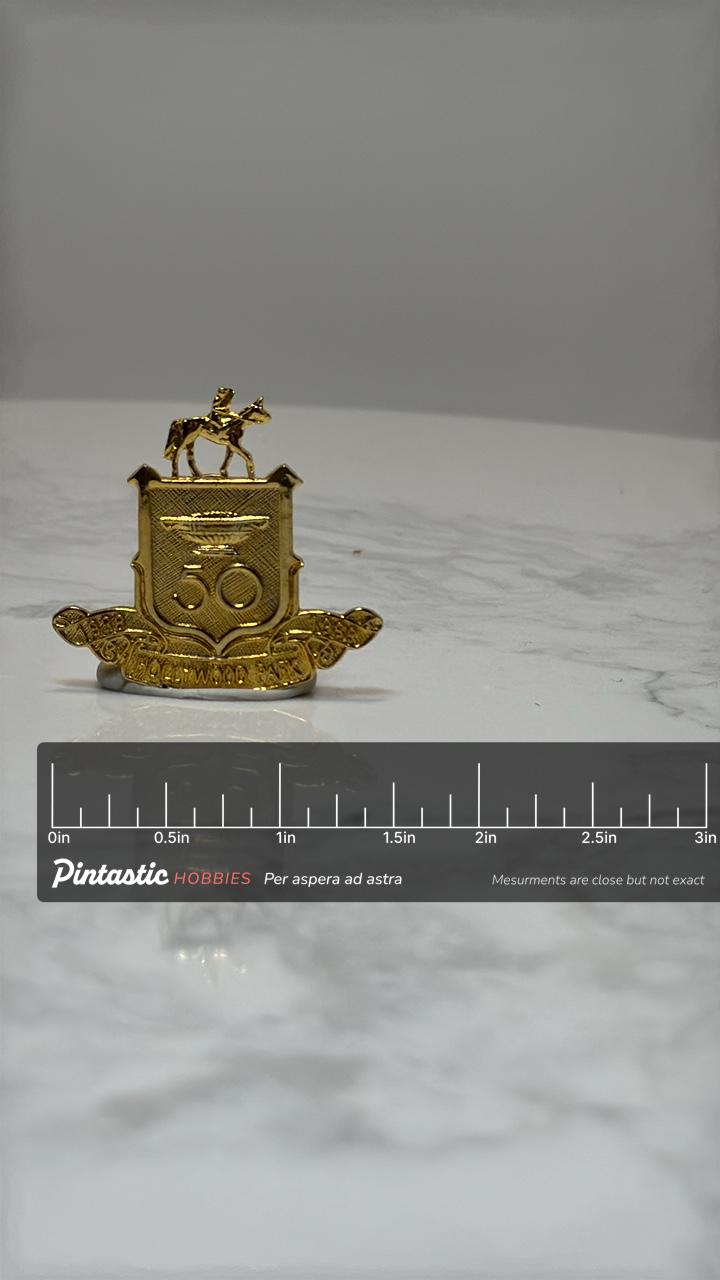 Hollywood Park Horse Racing Pin: Gold Tone Crest - 50th Anniversary Accessory with ruler overlay for size reference