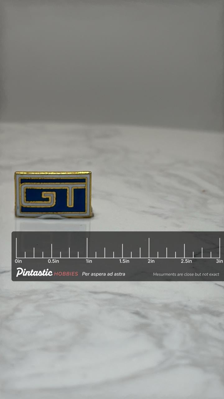 Ford GT Logo Enamel Pin: Blue Performance Supercar Lapel Pin with ruler overlay for size reference