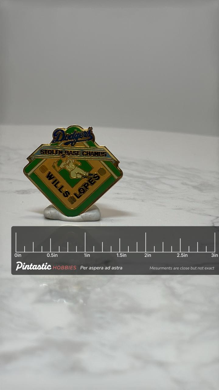 Dodgers Stolen Base Champs Pin: Green Gold Enamel - Vintage Sports Accessory with ruler overlay for size reference