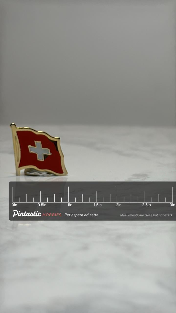 Switzerland Flag Pin: Red & White Enamel Gold Trim - Travel Souvenir Accessory with ruler overlay for size reference