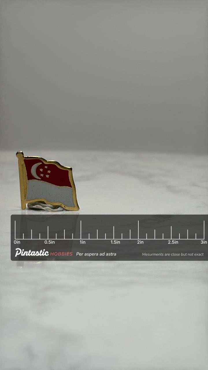 Singapore Flag Pin: Red White Gold Enamel - Travel Souvenir Accessory with ruler overlay for size reference