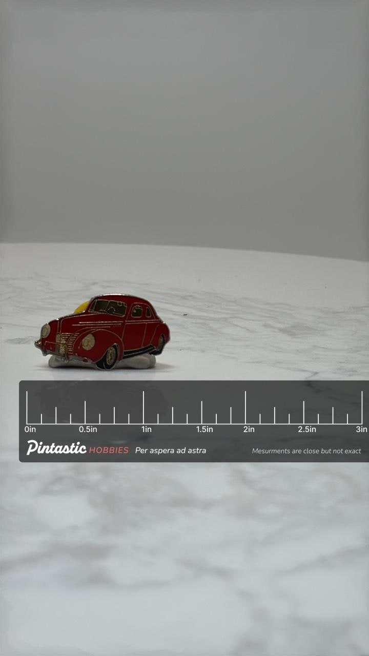 1939 Ford Deluxe Style Pin: Red 1930s Classic Sedan - Enamel Car Pin with ruler overlay for size reference