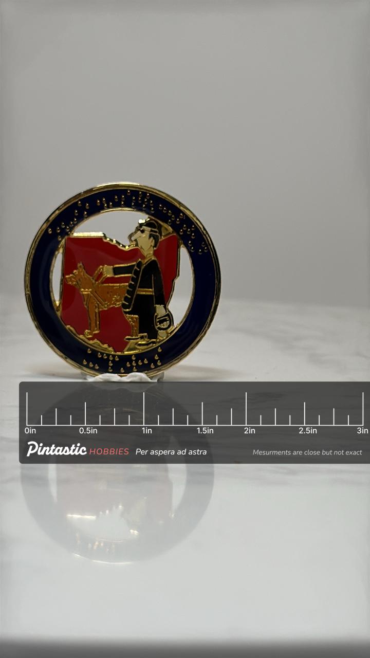 Guide Dog Awareness Pin: Vintage Braille Service Dog Enamel Lapel Pin with ruler overlay for size reference