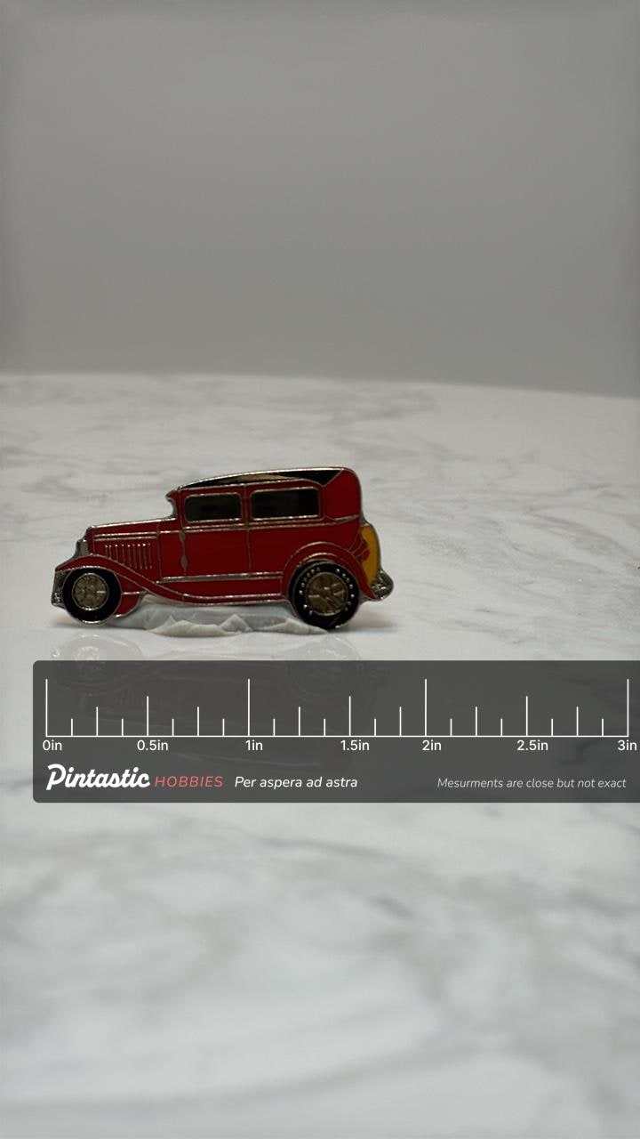 1930 Ford Model A Sedan Pin: Classic Red Vintage Car Enamel Pin with ruler overlay for size reference
