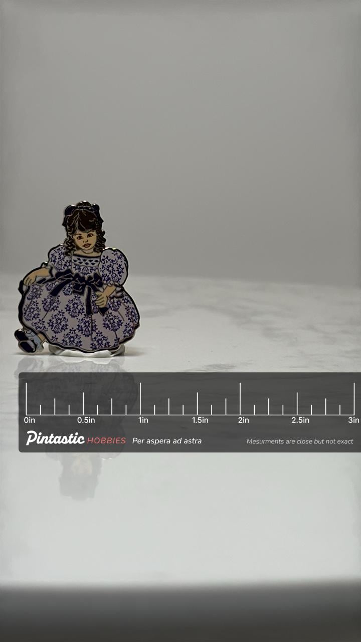 Victorian Girl Enamel Pin: Purple Floral Dress - Vintage Style Accessory with ruler overlay for size reference