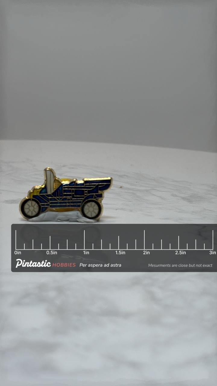 1909 Model T Style Pin: Early Brass Era Touring Car Enamel Pin with ruler overlay for size reference