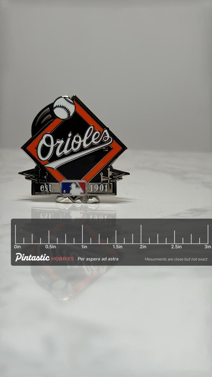 Orioles Baseball Pin: Black Red Silver Enamel - MLB Collectible Accessory with ruler overlay for size reference