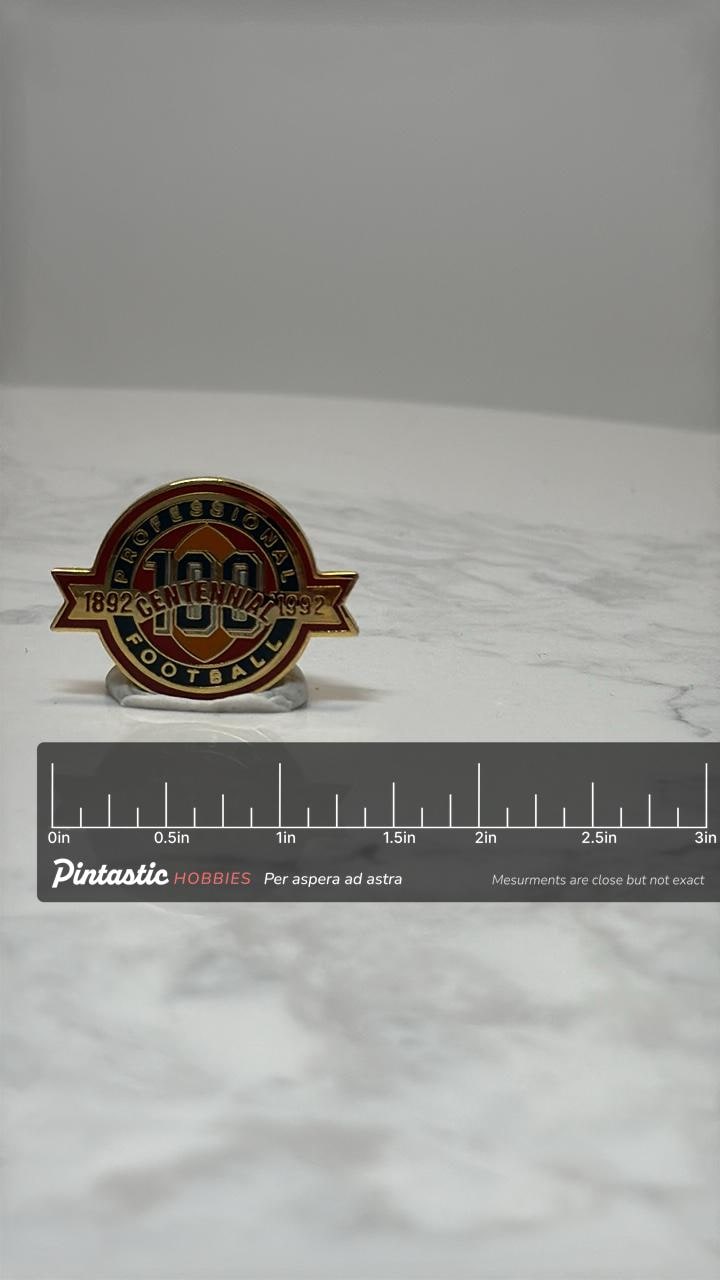 Football Centennial Pin: Red & Gold Enamel - 1992 Commemorative Accessory with ruler overlay for size reference