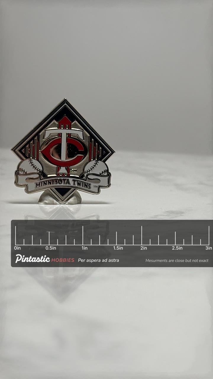 Minnesota Twins Baseball Pin: Red Silver Black Enamel - Sports Fan Accessory with ruler overlay for size reference