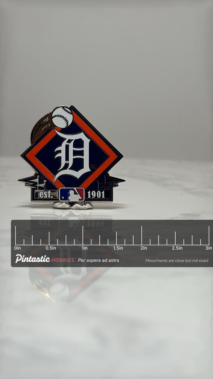Detroit Tigers Baseball Pin: Navy Red Enamel - MLB Sports Accessory with ruler overlay for size reference