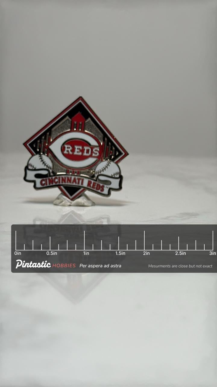 Cincinnati Reds Baseball Pin: Red Silver Enamel - MLB Collector Accessory with ruler overlay for size reference
