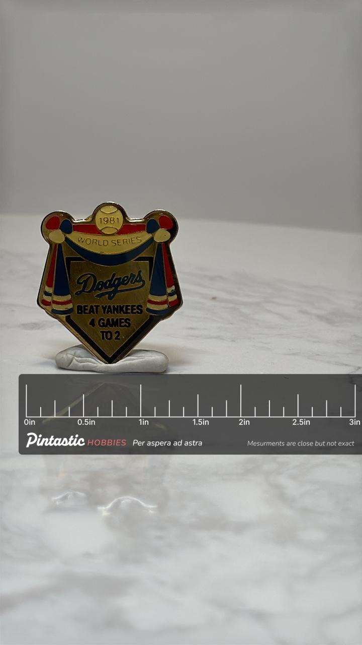 1981 Dodgers World Series Pin: Enamel Gold-Tone - Baseball Collectible Accessory with ruler overlay for size reference