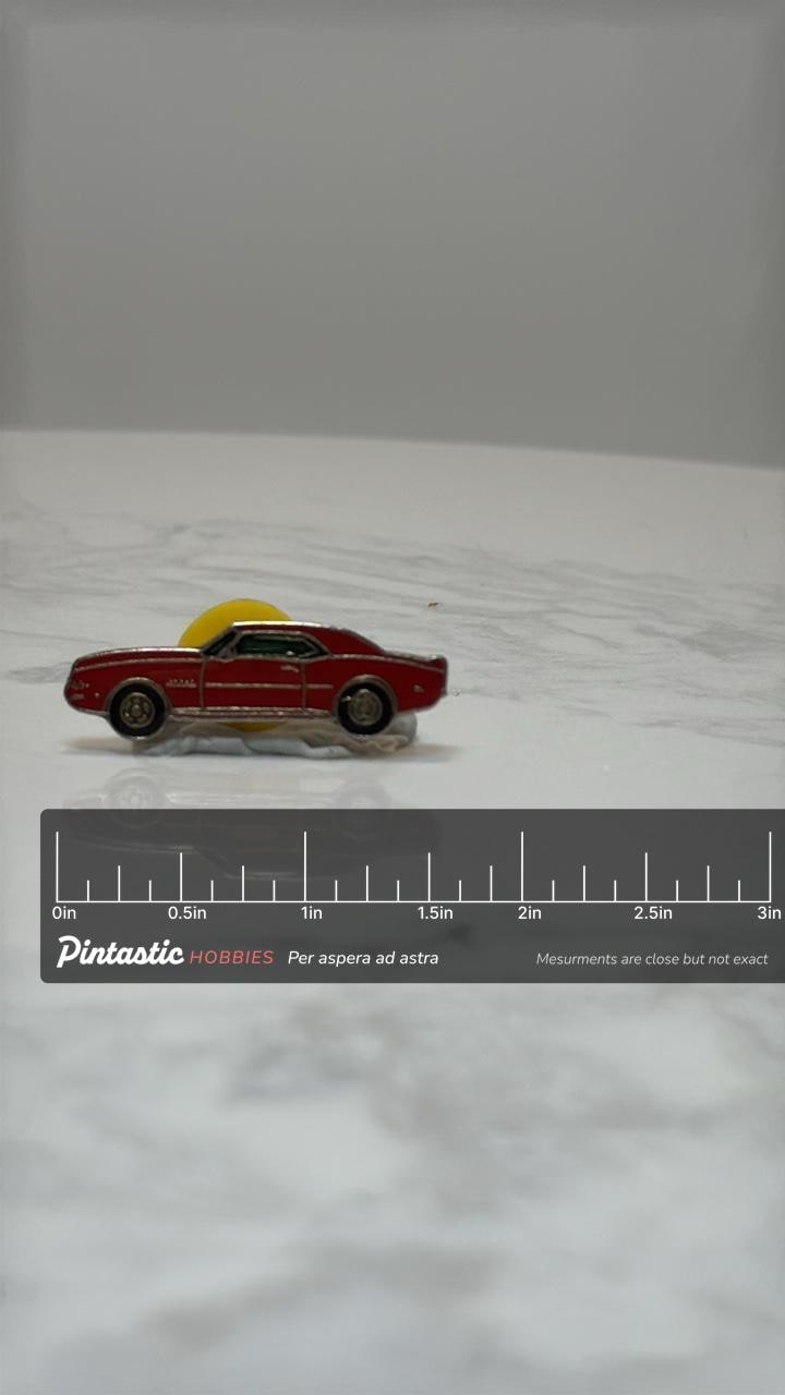 1968 Camaro Style Pin: Red Classic Muscle Car Enamel Lapel Pin with ruler overlay for size reference