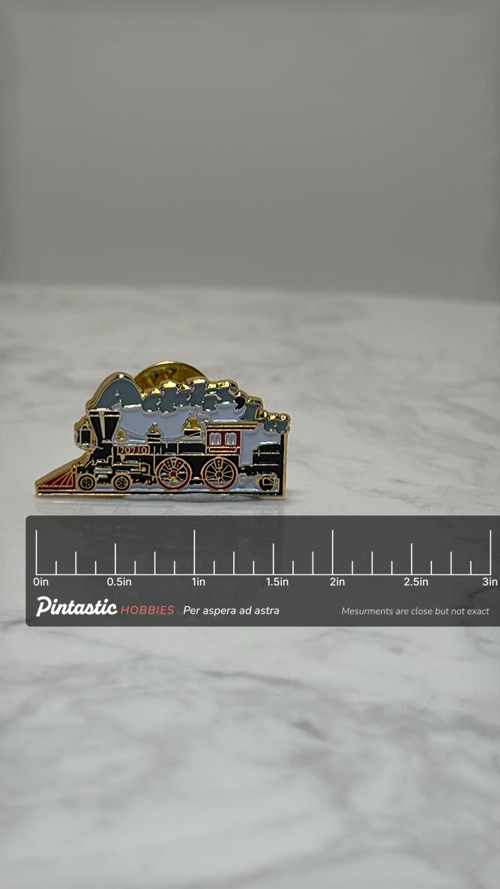 Vintage Train Locomotive Pin: Gold Enamel Finish - Railroad Collectible Accessory with ruler overlay for size reference