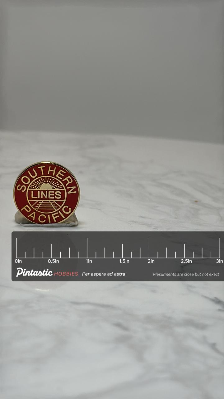 Southern Pacific Lines Pin: Red Enamel Gold Tone - Vintage Railroad Accessory with ruler overlay for size reference