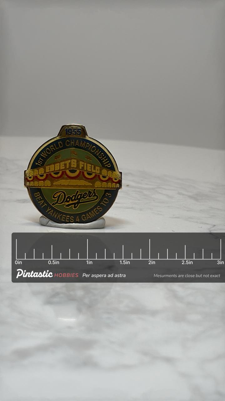 Dodgers 1955 Championship Pin: Gold Enamel - Vintage Baseball Accessory with ruler overlay for size reference
