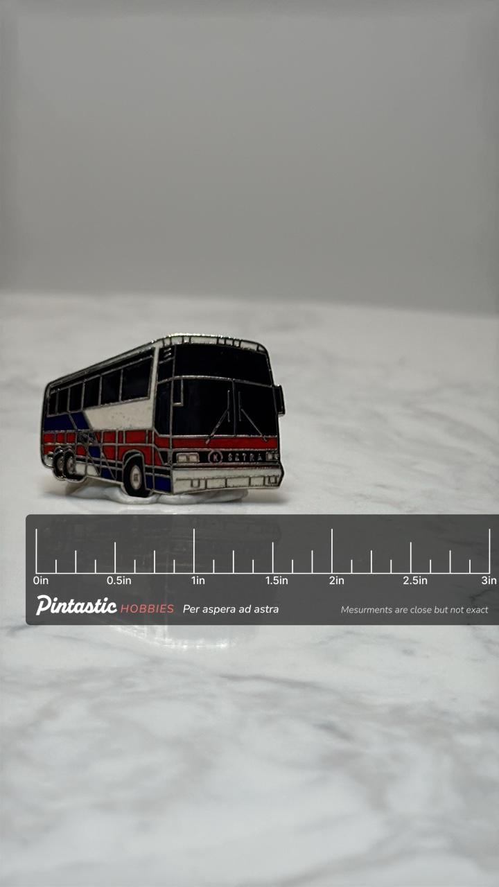 Setra Bus Lapel Pin: Red White Blue Enamel - Vintage Transit Accessory with ruler overlay for size reference