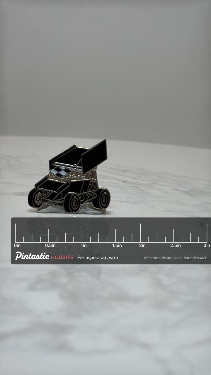 Sprint Car Racing Pin: Black & Silver Enamel - Vintage Motorsports Accessory with ruler overlay for size reference