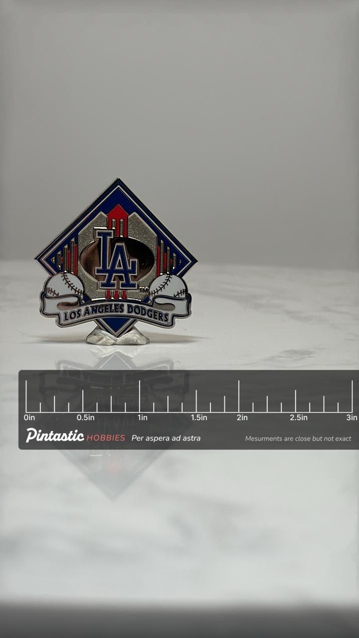 Los Angeles Dodgers Baseball Pin: Silver Red Blue - MLB Sports Accessory with ruler overlay for size reference