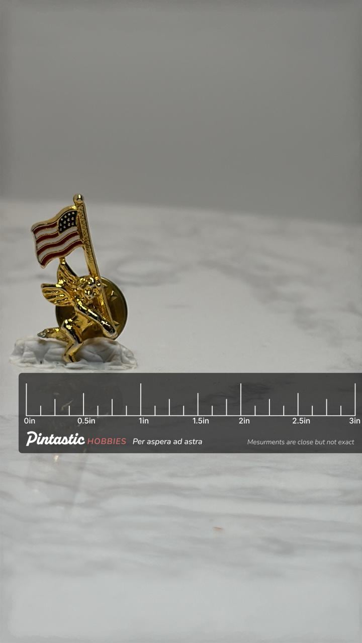 American Flag Eagle Pin: Gold Tone Enamel - Patriotic Accessory with ruler overlay for size reference