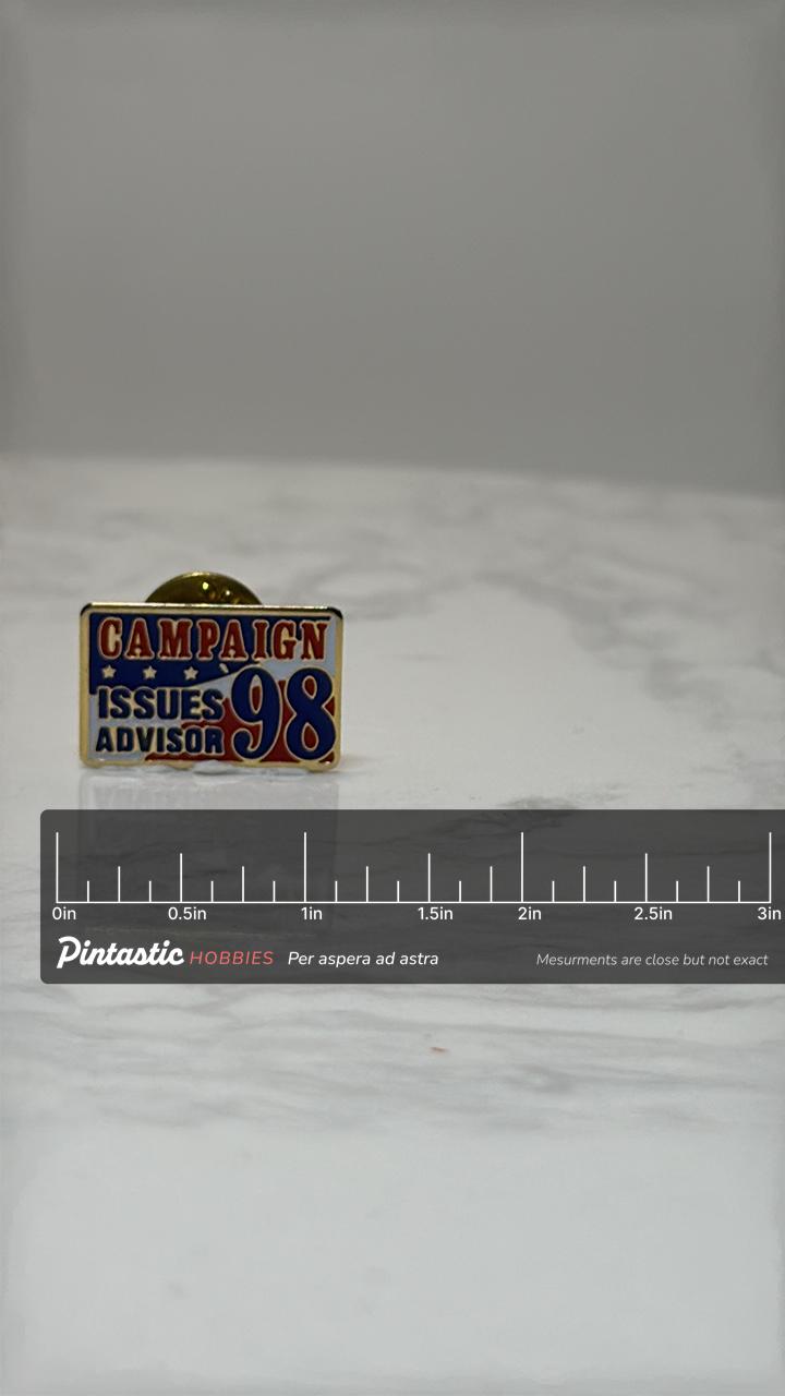 Campaign Issues Advisor Pin: Red White Blue Enamel - 1998 Political Accessory with ruler overlay for size reference