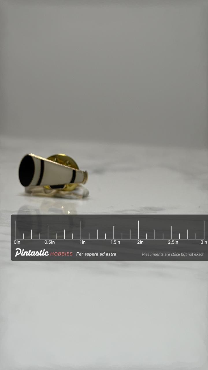Cheerleader Megaphone Pin: Gold & White Enamel - Vintage Spirit Accessory with ruler overlay for size reference