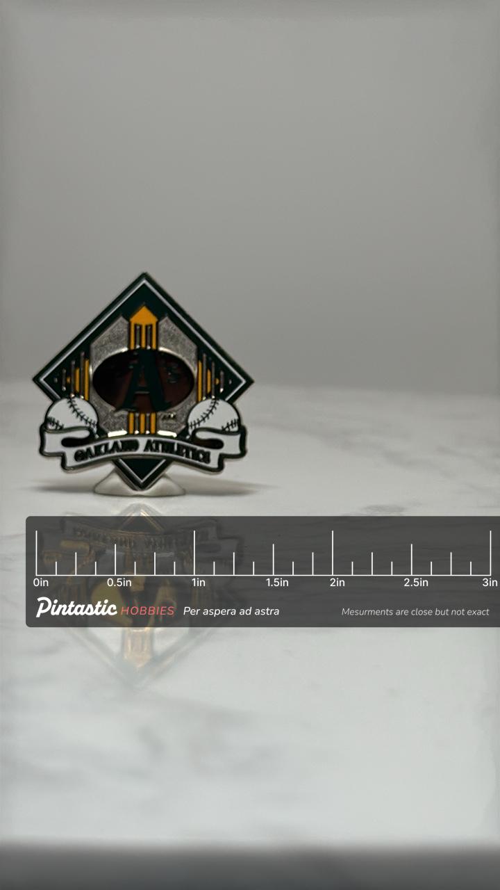 Oakland Athletics Baseball Pin: Silver Enamel Finish - MLB Sports Accessory with ruler overlay for size reference