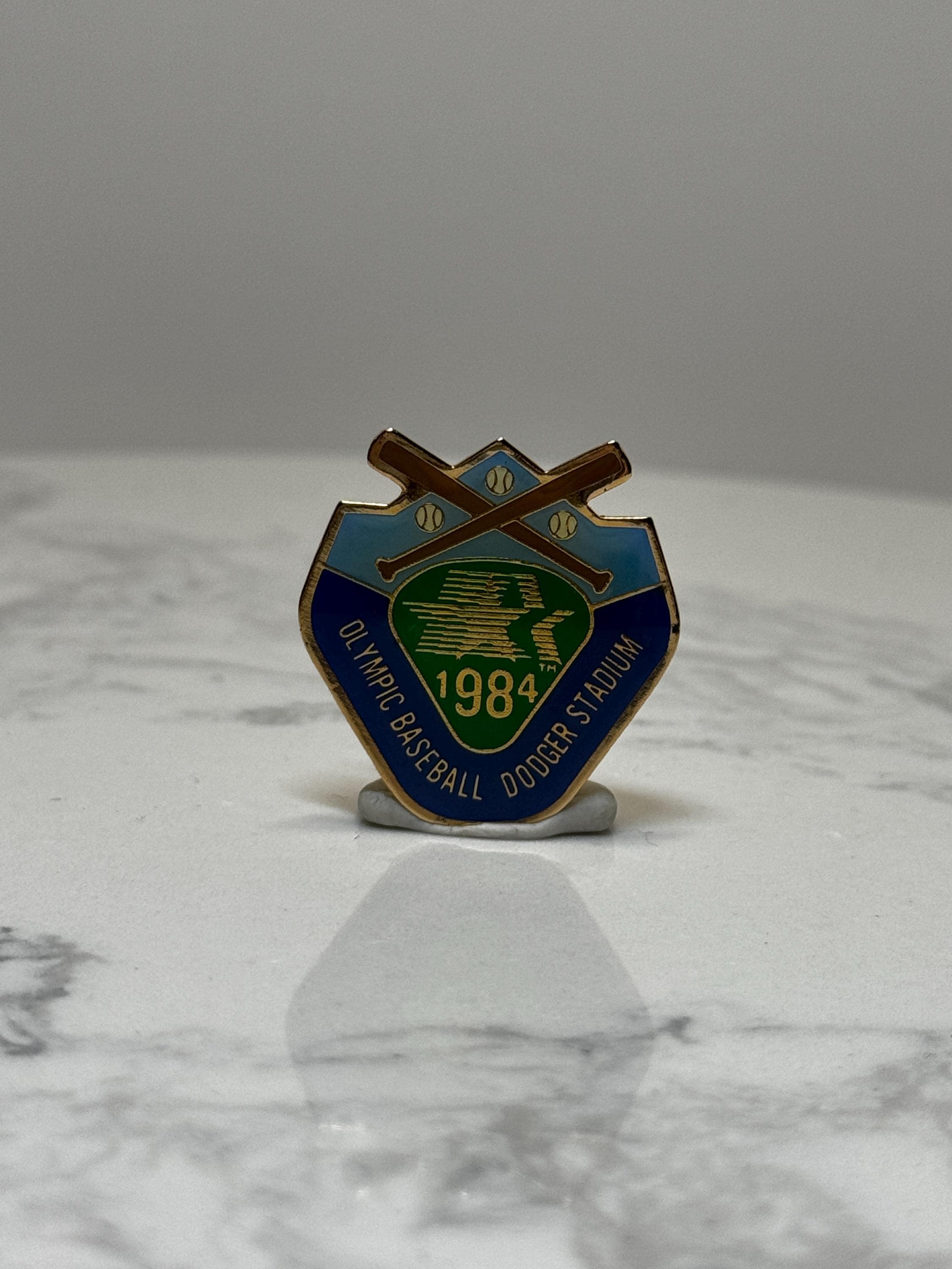 1984 Olympic Baseball Pin: Blue & Green Enamel - Vintage Sports Accessory