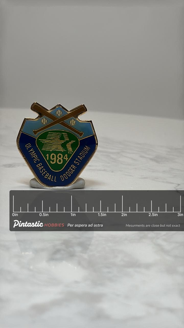 1984 Olympic Baseball Pin: Blue & Green Enamel - Vintage Sports Accessory with ruler overlay for size reference