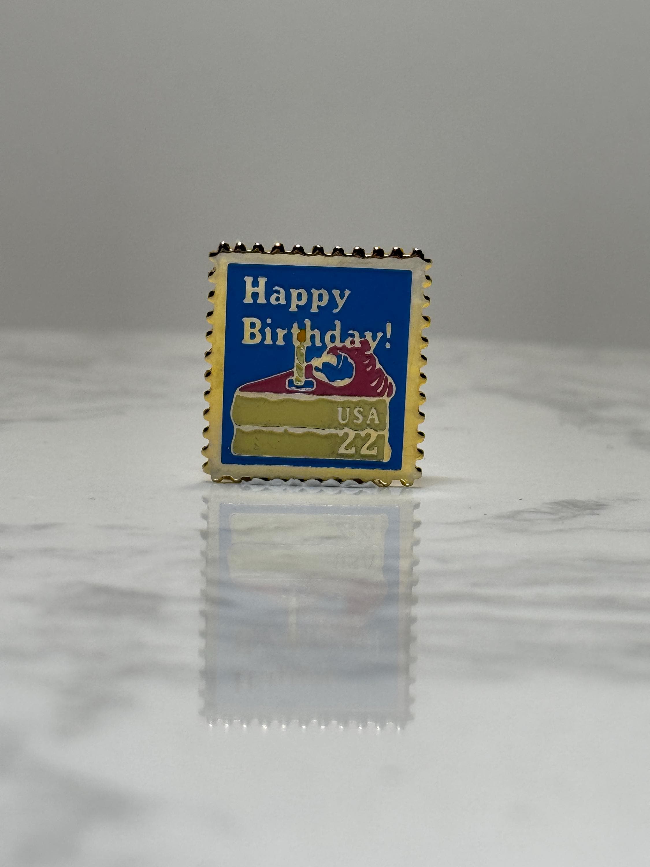 Happy Birthday Postage Stamp Pin: Blue Yellow Enamel - Vintage USA Accessory