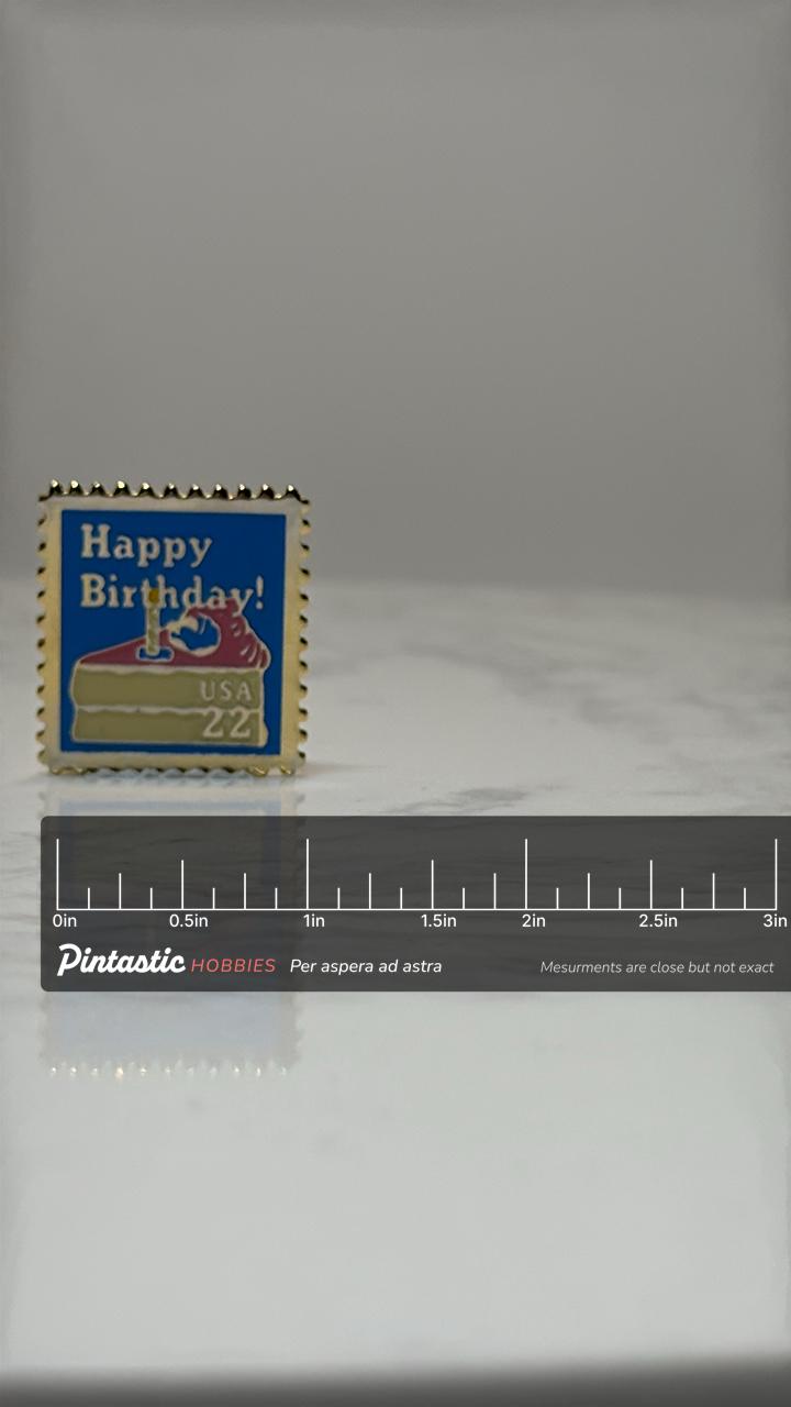 Happy Birthday Postage Stamp Pin: Blue Yellow Enamel - Vintage USA Accessory with ruler overlay for size reference